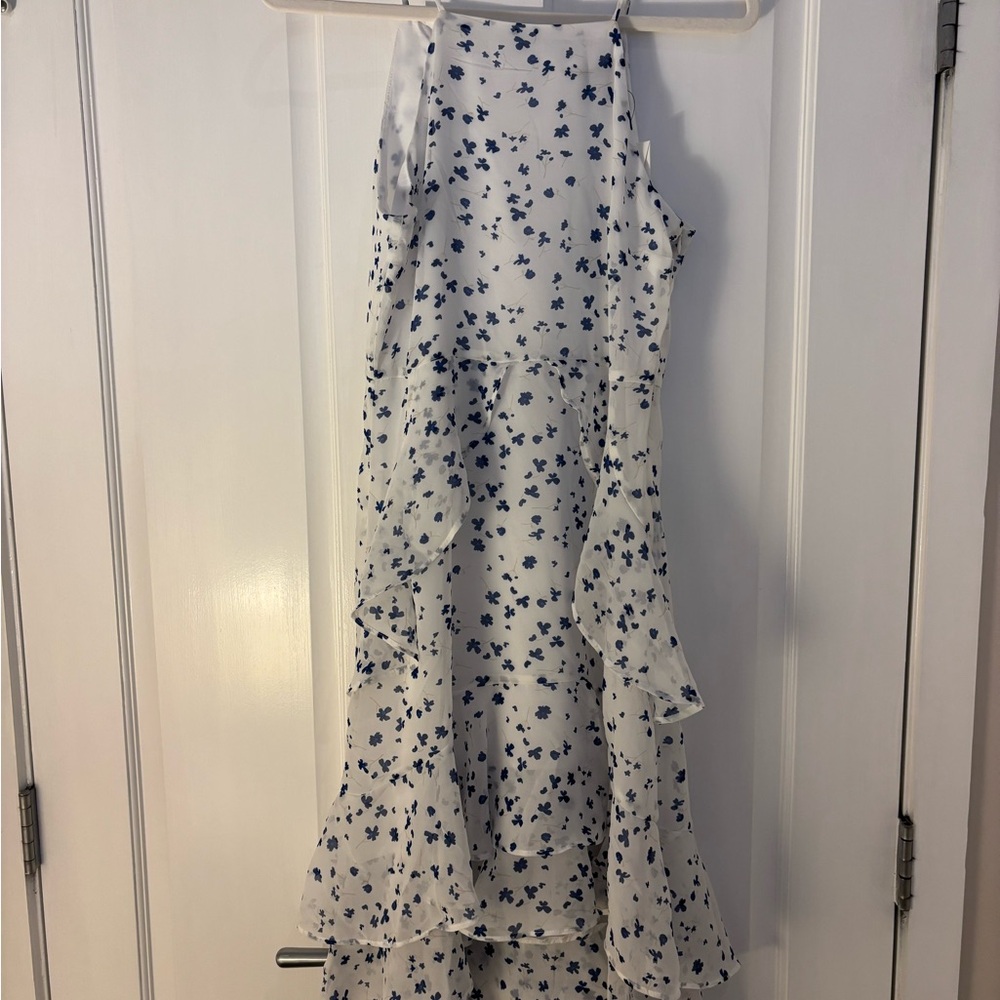 Banana Republic White & Blue Floral High-Low Ruffle Skirt